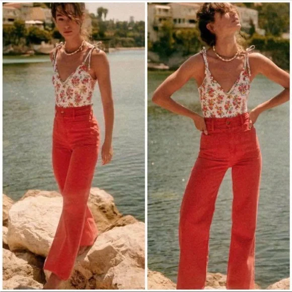 Sezane NWT Enrico High-Waisted Wide Leg Jeans Red - Size 36 (4) - Picture 2 of 7